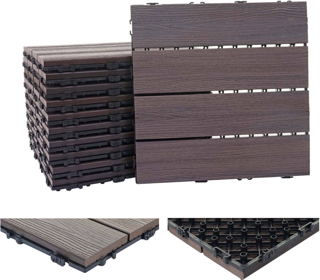 WPC Bodenfliese HWC-E20, Holzoptik Balkon/Terrasse, 3D-Struktur linear 11x je 30x30cm = 1qm, geprägt grau-braun