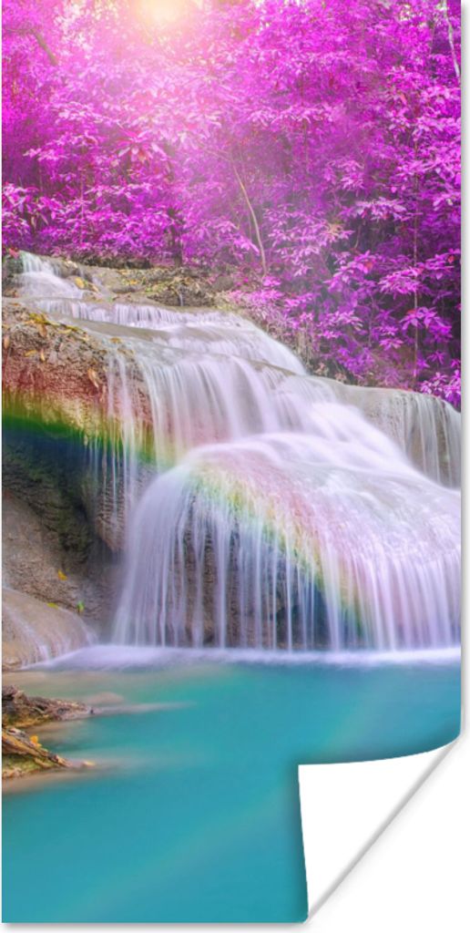 MuchoWow Poster Wasserfall - Bäume - Regenbogen - Lila 60x120 cm - Wandschmuck