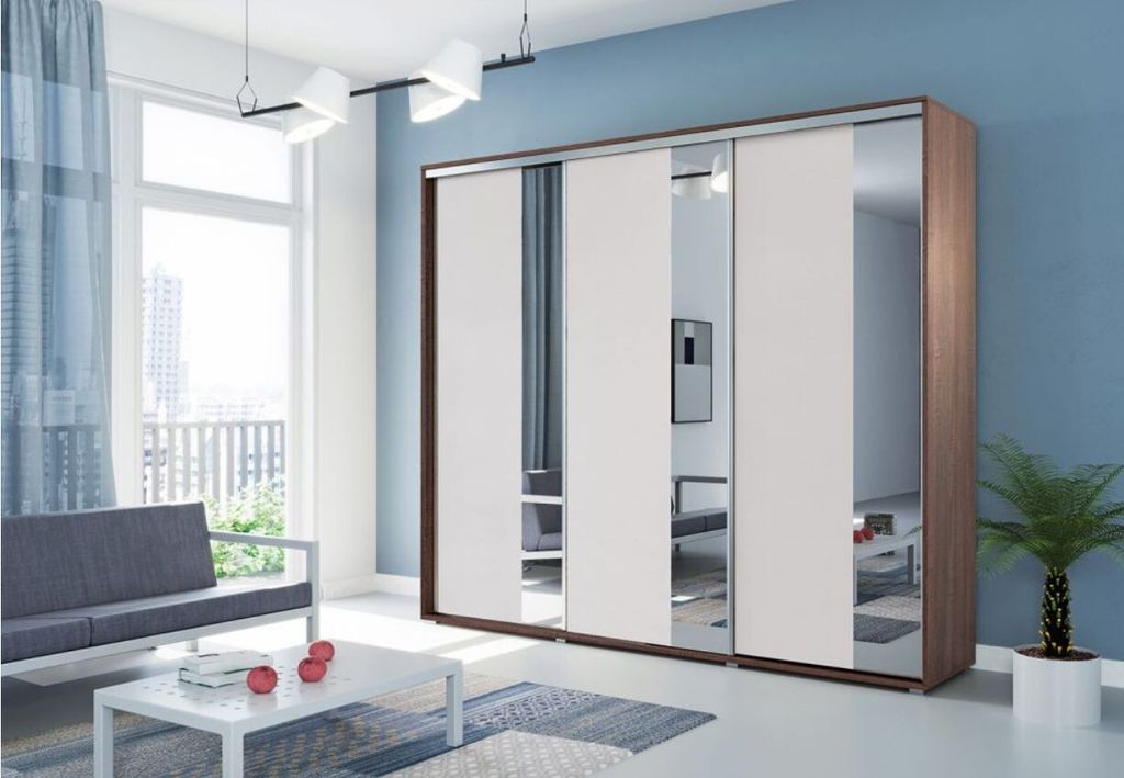 Dreitüriger Kleiderschrank mit Spiegel 278 cm MARCO – schoko/weiß