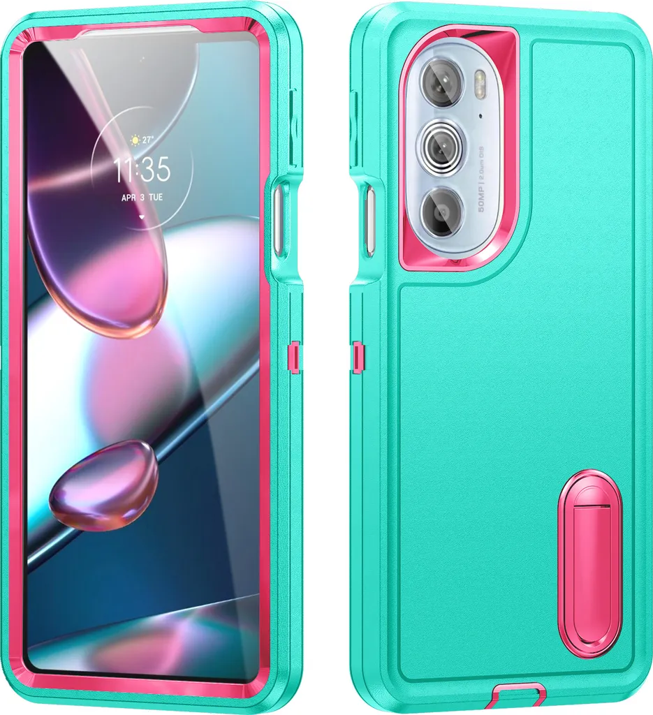 Custodia per Motorola Edge 30 Pro / Edge + 2022 Custodia protettiva ibrida antiurto a tre strati con supporto Turchese