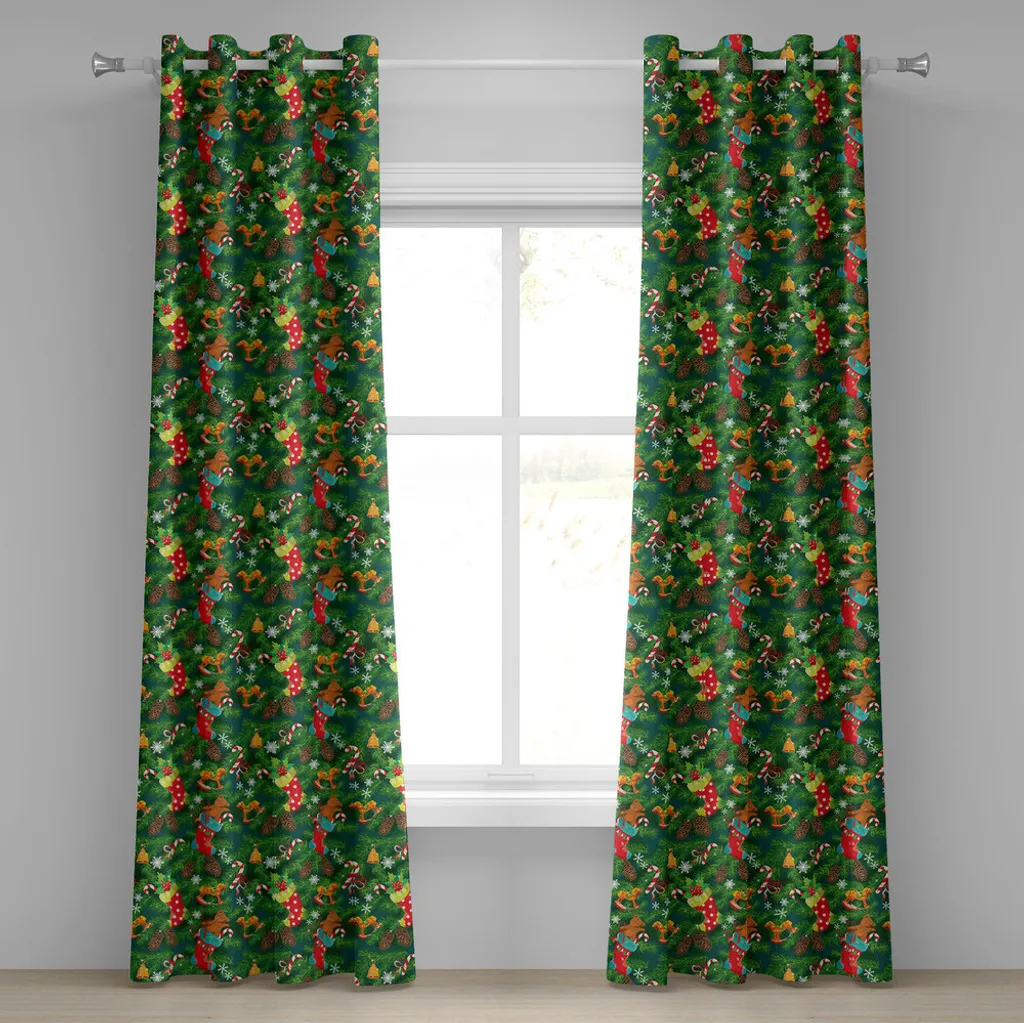 ABAKUHAUS Tenda natalizia con occhielli, accessori natalizi calze dolci cavallo orsacchiotto giocattoli su pino, tende decorative a 2 pannelli, 280 cm x 225 cm, verde scuro marrone e rosso