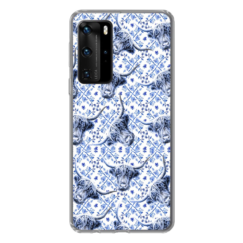 MuchoWow Handyhülle Schutzhülle Hülle für Huawei P40 Pro Delfter Blau - Tiere - Schottischer Highlander Silikon Softcase Handy Hülle - Schutz