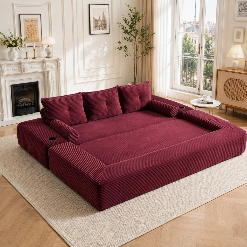 okwish Dreisitzer Wohnzimmersofa mit Getränkehalter und Tasche, Klappsofa mit Zierkissen, Schlafsofa, für kleine Wohnungen,Weinrot