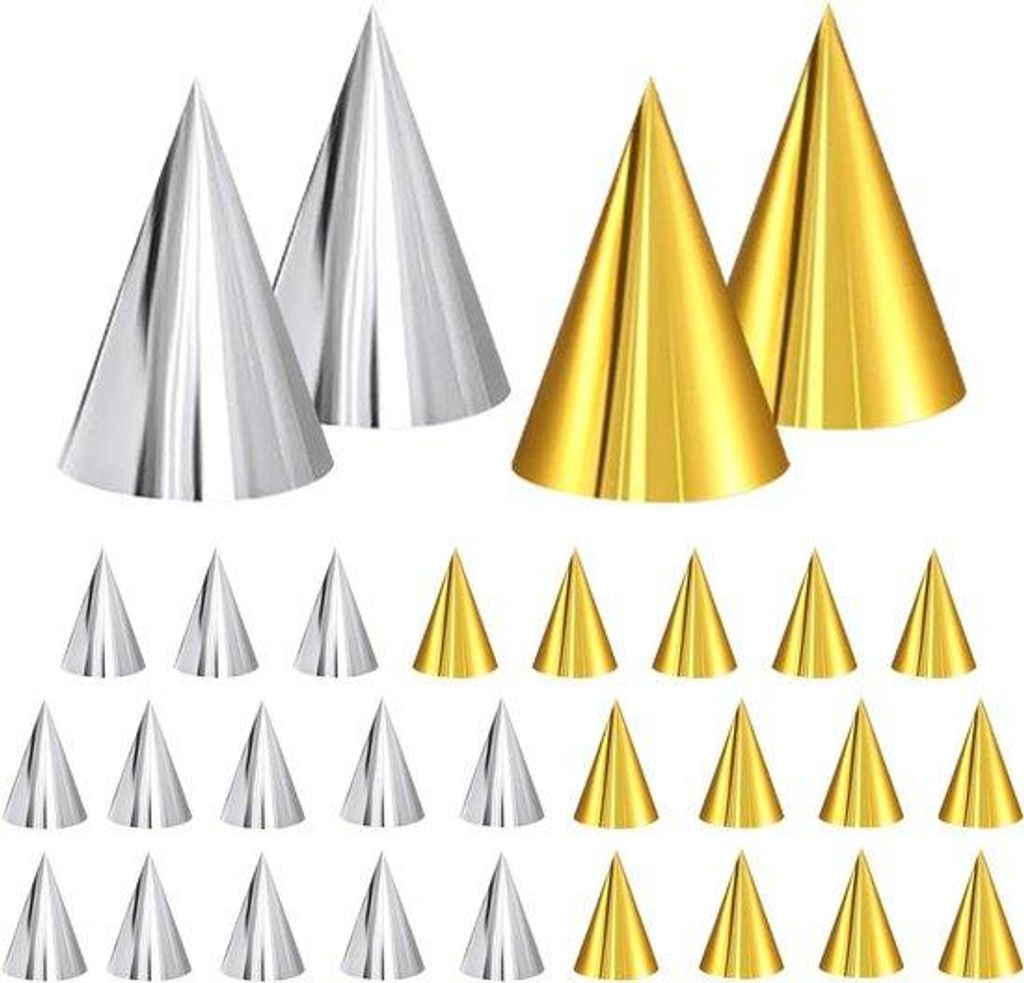 Gelbe und goldene Geburtstagsmützen, 30 Stück - Schöne Kuchenkonus Papierhüte Kegel