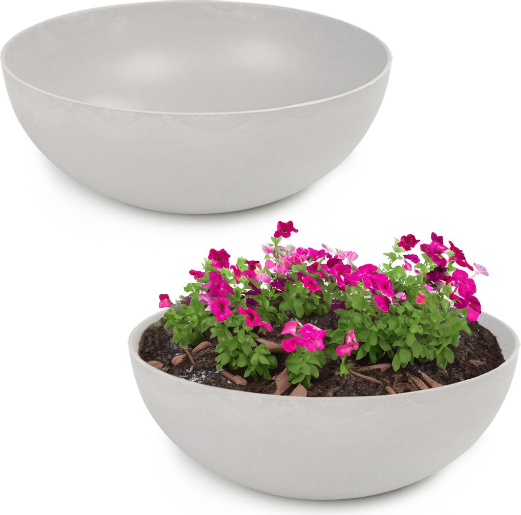 Runde bauchige 25 cm Pflanzschale für draussen, hell-grau marmoriert