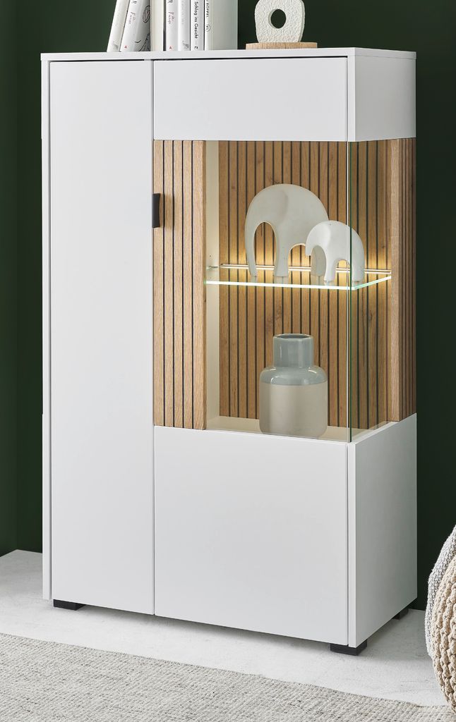 Vitrine "Merced" Hochkommode in weiß mit Eiche 75 x 125 cm Soft-Close, mit Staboptik