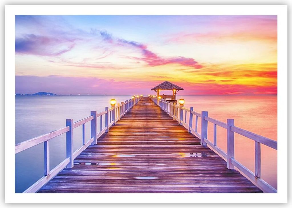 Poster - Poster ohne Rahmen - Sonnenuntergang Wasser Brücke Horizont - 100x70 cm - Wand Bild - Wanddeko - Wandbilder - Kunstposter - Wandposter - ...