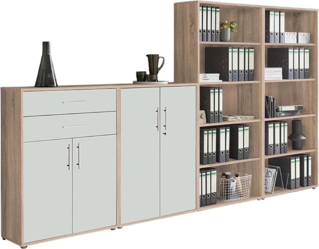 Aktenschrank TABOR 21 in Eiche Sonoma / weiß matt, Schrankwand, Büroschrank, abschließbar, Metallgriffe