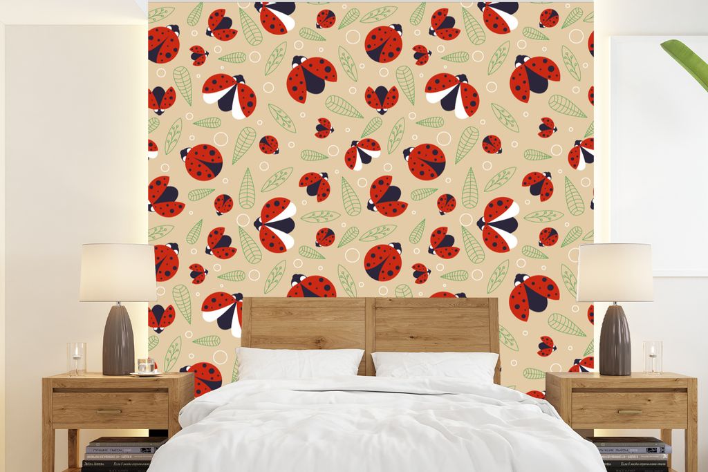 MuchoWow Fototapete für Wohnzimmer oder Schlafzimmer Wandtapete Vinyl Motivtapete Marienkäfer - Blätter - Design - 240x260 cm - Tapezier Papier