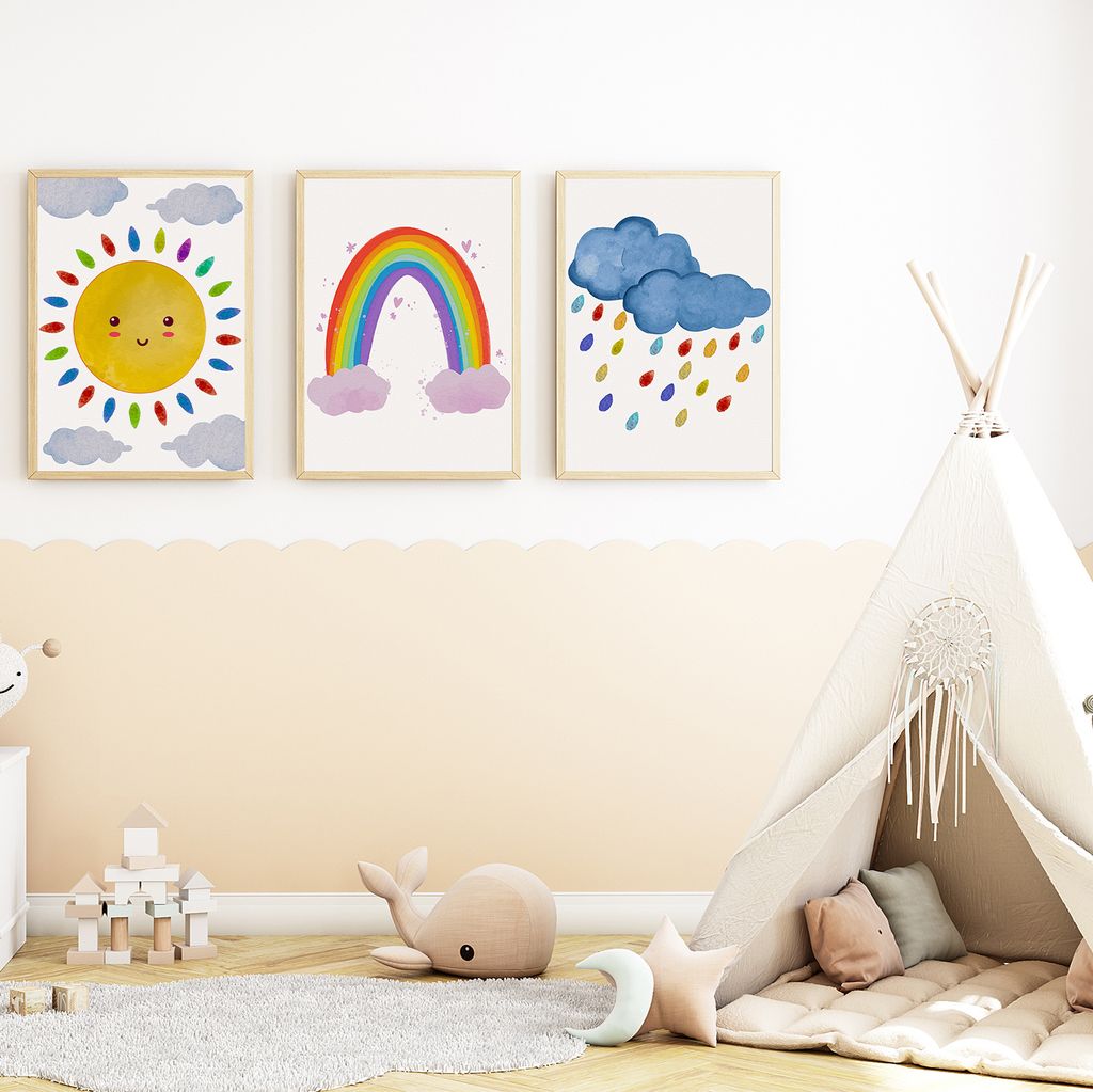 Bunte Wolken Sonne Regenbogen Bilder 3er Set DIN A4 Kinderzimmer Wandbilder Babyzimmer Poster Dekoration