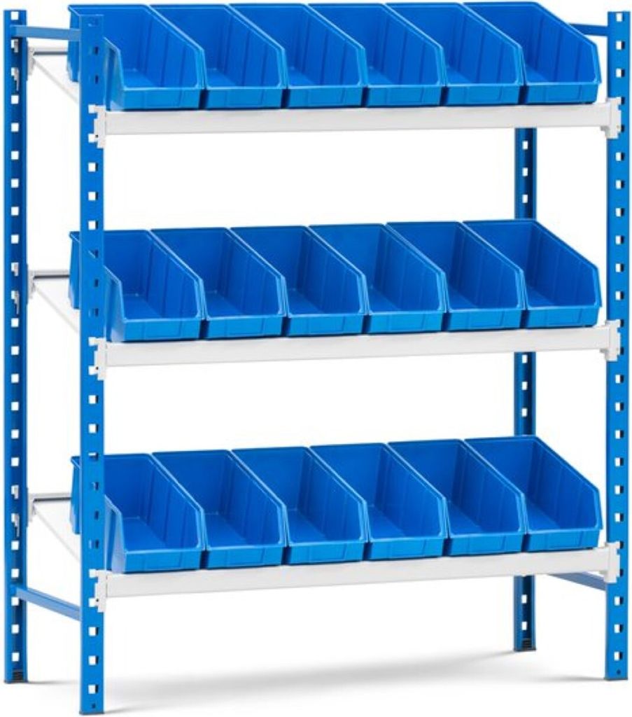 Schrägbodenregal MAXIMUS mit 24x Sichtlagerboxen à 5,6L | Fachlast 130kg | Grundregal | HxBxT 160x100x40cm | 4 Ebenen | Lichtblau/Lichtgrau