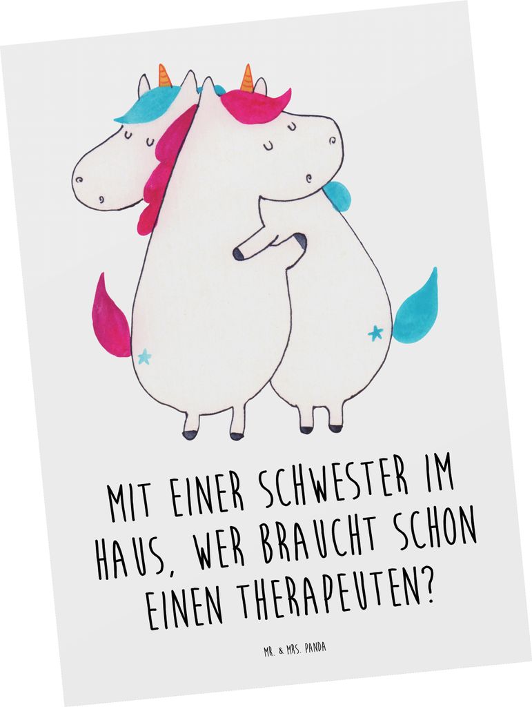 Mr. & Mrs. Panda Postkarte Schwester Glück - Weiß - Geschenk, Handarbeit, Ansichtskarten, handgefertigt, einzigartige Designs, Grußkarte, Postka...