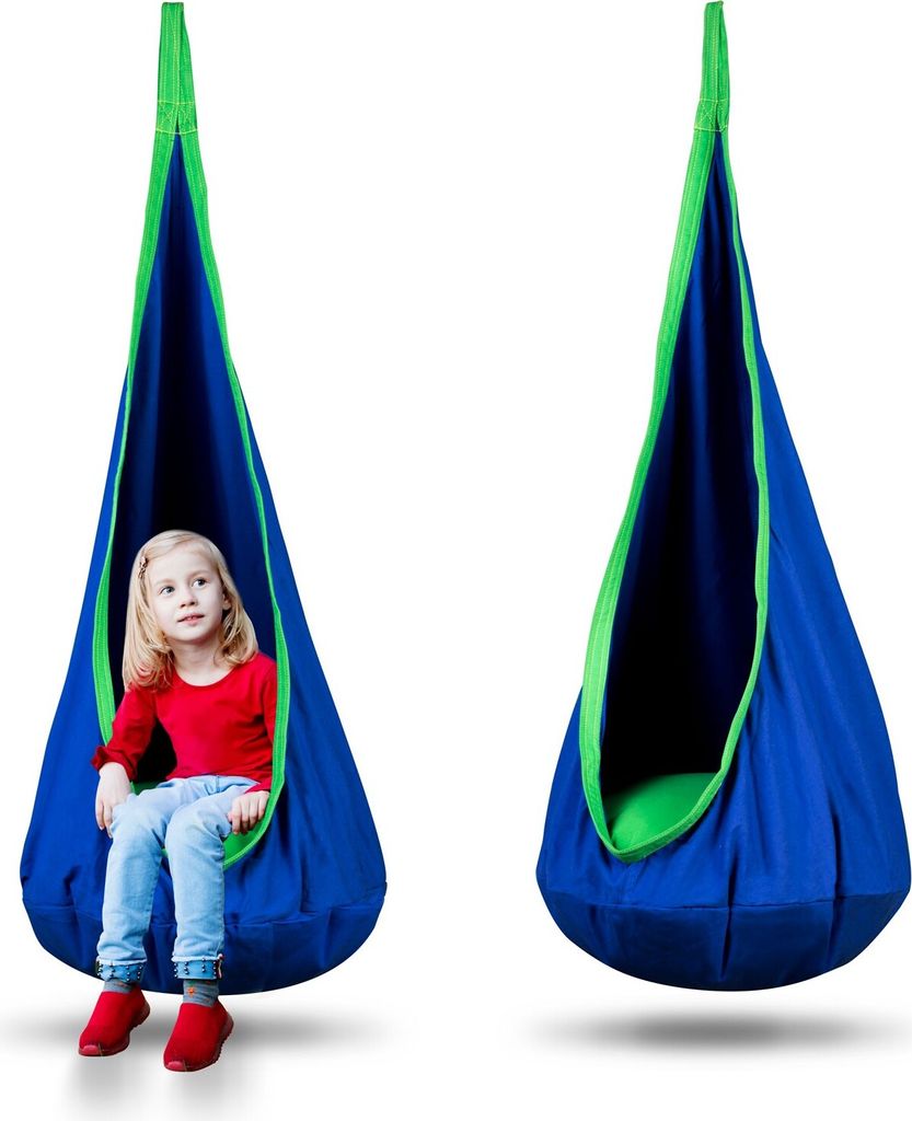 A young girl sits in a blue and green hanging pod chair, with another identical chair shown empty next to it.