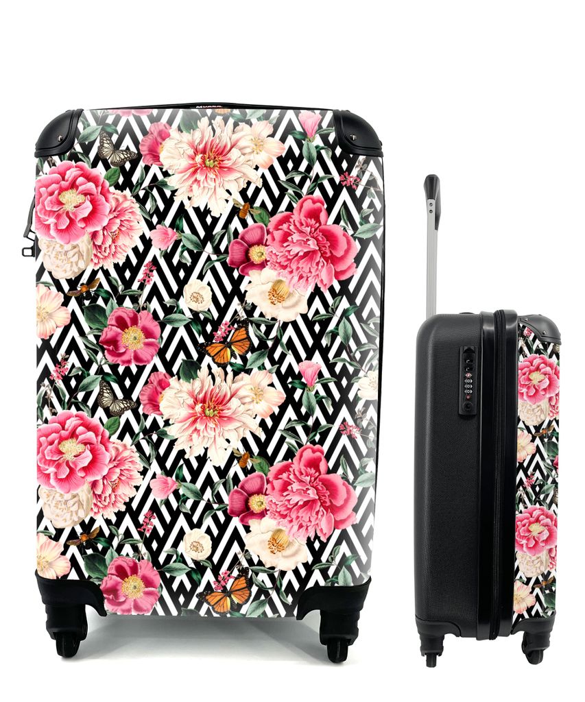 MuchoWow Koffer Handgepäck Trolley Rollkoffer Kleine Reisekoffer mit 4 Rollen - Blumen - Rosa - Schmetterling - Cabin Size < 55x40x23 cm & 55x40...