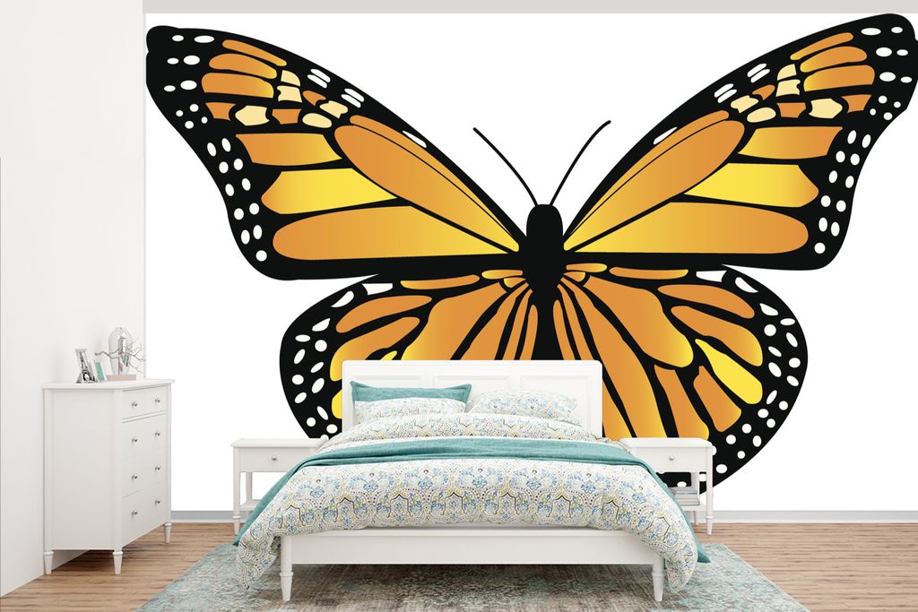 MuchoWow Fototapete für Wohnzimmer oder Schlafzimmer Wandtapete Vinyl Motivtapete Eine Illustration eines gelb-orangen Schmetterlings - 405x260 ...