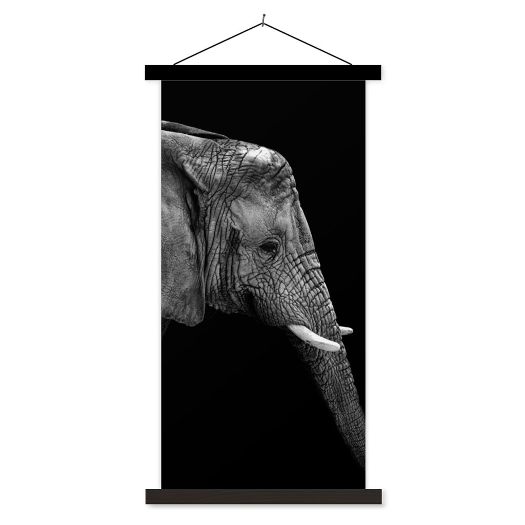 MuchoWow Textilposter Elefant - Schwarz und weiß - Porträt - Tiere 60x120 cm mit schwarzem Rahmen - Magnete