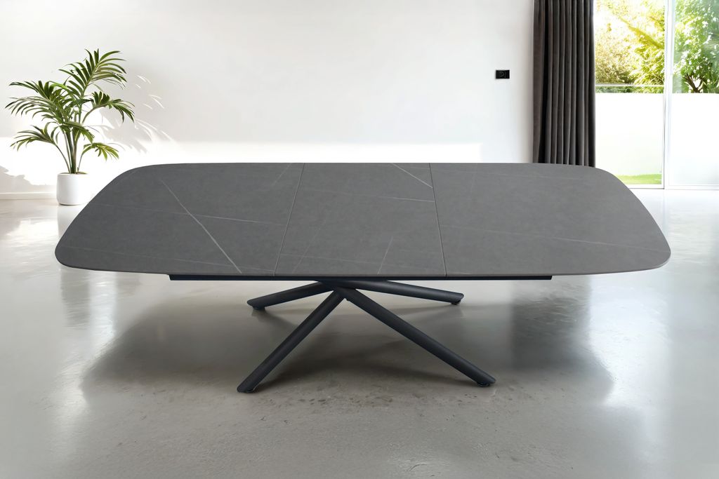 Refurbished Möbelretoure Esstisch 180 (240) x 90 cm grau matt Keramiktisch ausziehbar Mikado Gestell schwarz MELODIE