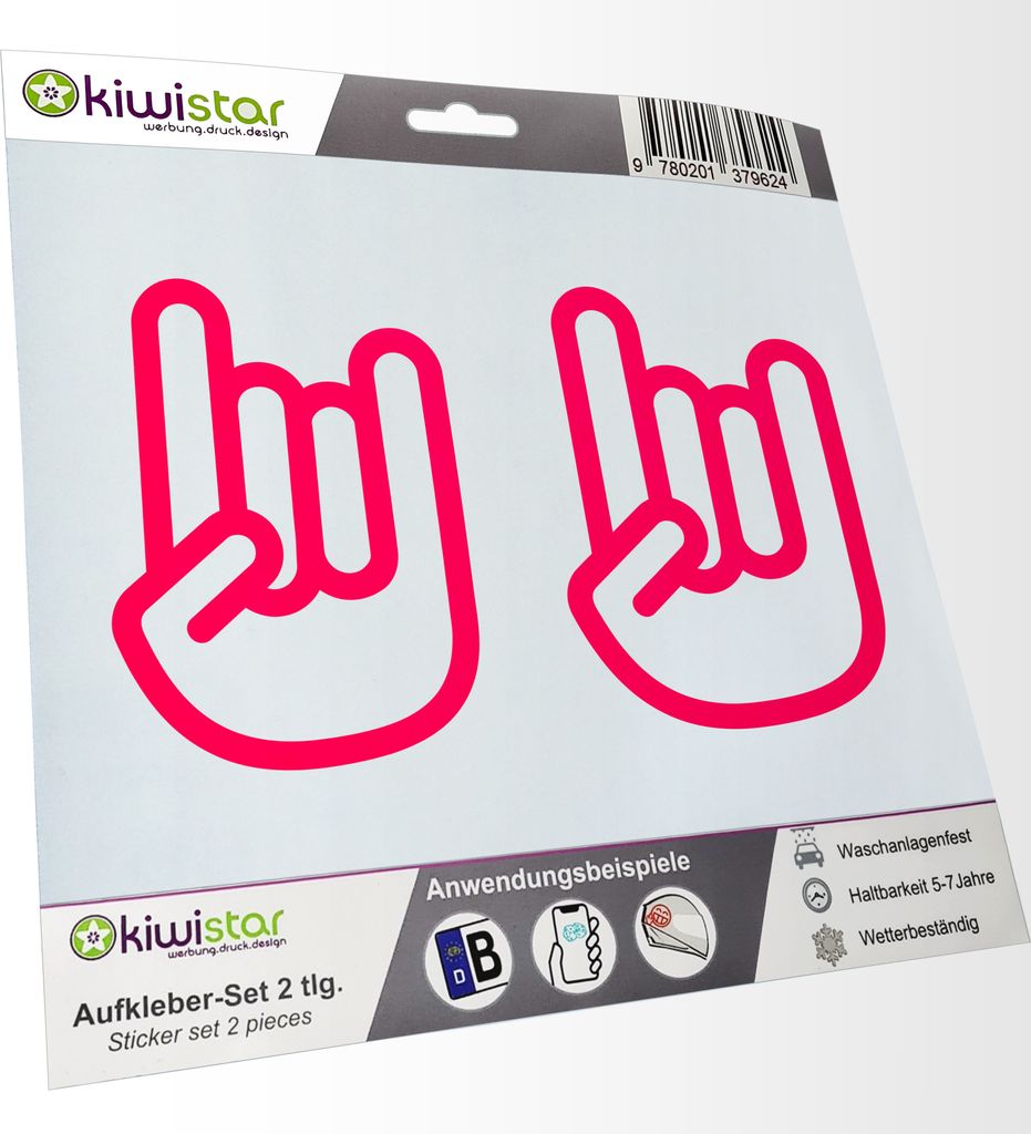 Kiwistar - 2x Kennzeichenaufkleber - neonpink - 21 mm Rock'n'Roll Hand - Metal Hand - Autoaufkleber - Aufkleber für Auto, Laptop, Fahrrad, LKW, Mo...