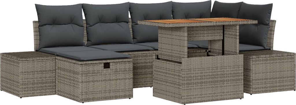 7-teiliges Garten Essset mit Kissen in Grau aus Poly Rattan, Gartensofas DesignMöbel Neu
