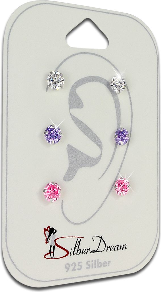 SilberDream SET 3er Ohrringe Ohrstecker SILBER Zirkonia weiß lila rosa SDS808