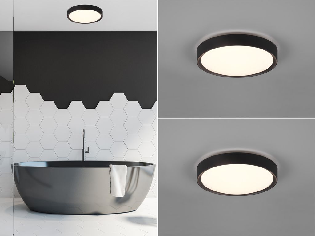LED Deckenleuchte Set Schwarz Ø33cm Lampe für Badezimmer, Gäste WC & Feuchträume