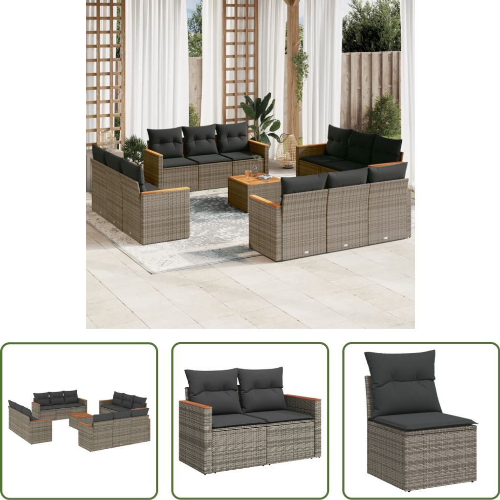 The Living Store 13-tlg. Garten-Sofagarnitur mit Kissen Grau Poly Rattan