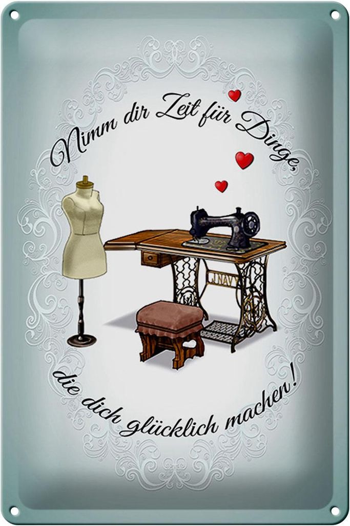 Blechschild Nähen macht dich glücklich, 30x20 cm, Blechschilder Spruch Nähmaschine