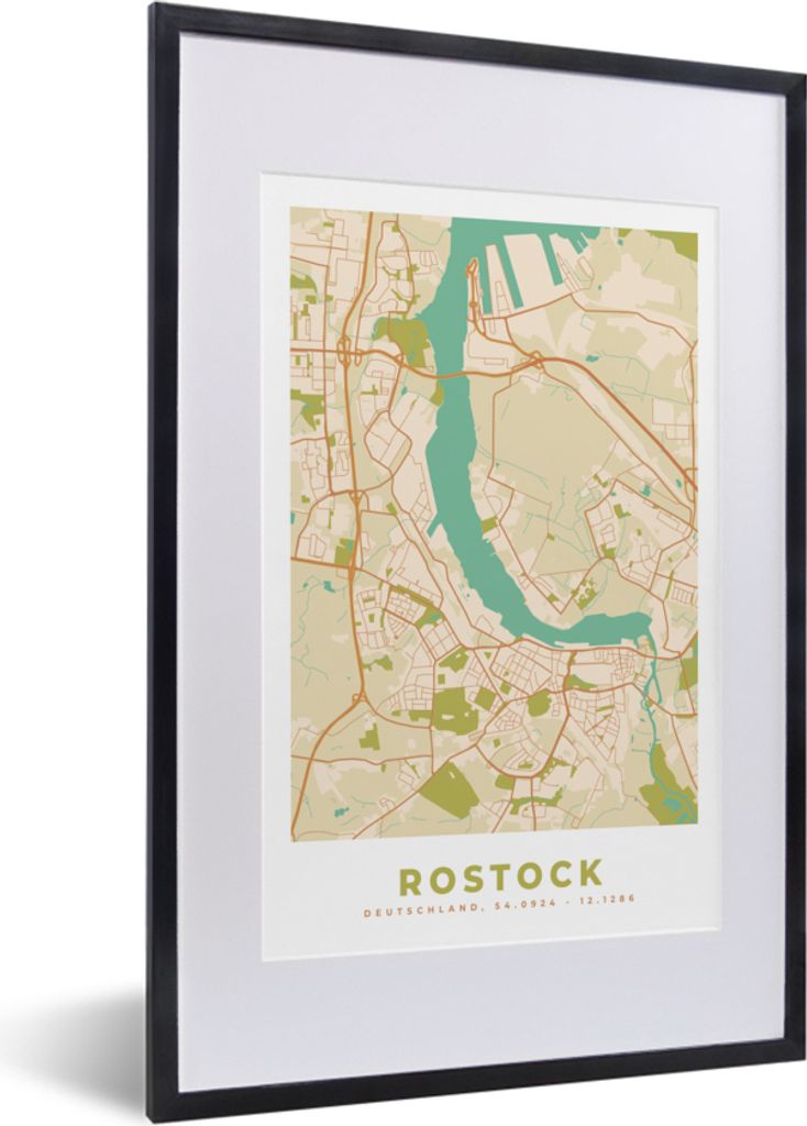 MuchoWow Gerahmtes Poster Rostock - Karte - Stadtplan - Vintage 40x60 cm - Poster mit Schwarzem Bilderrahmen Wandposter Rahmen Foto Bilder - Post...
