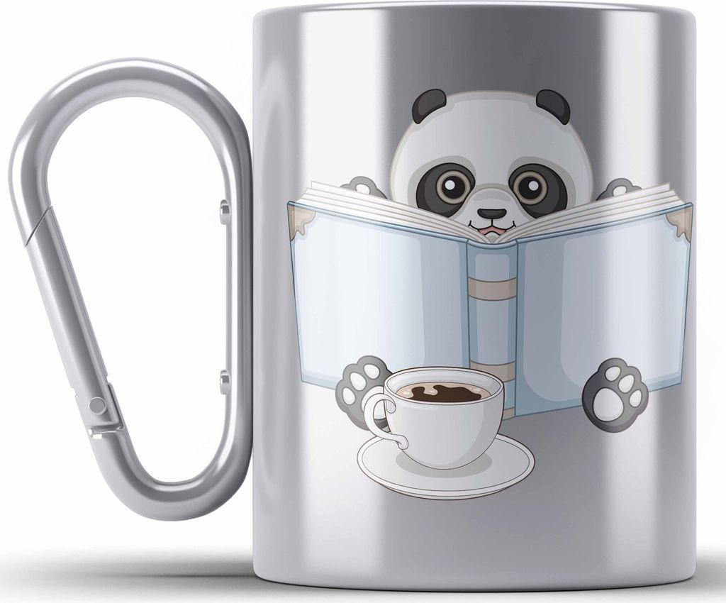 Trendation - Leseratte Edelstahl Tasse Karabiner Geschenk Lesender Panda Grafik Lesen Geschenkidee Kinder Bücherwurm (Silber)