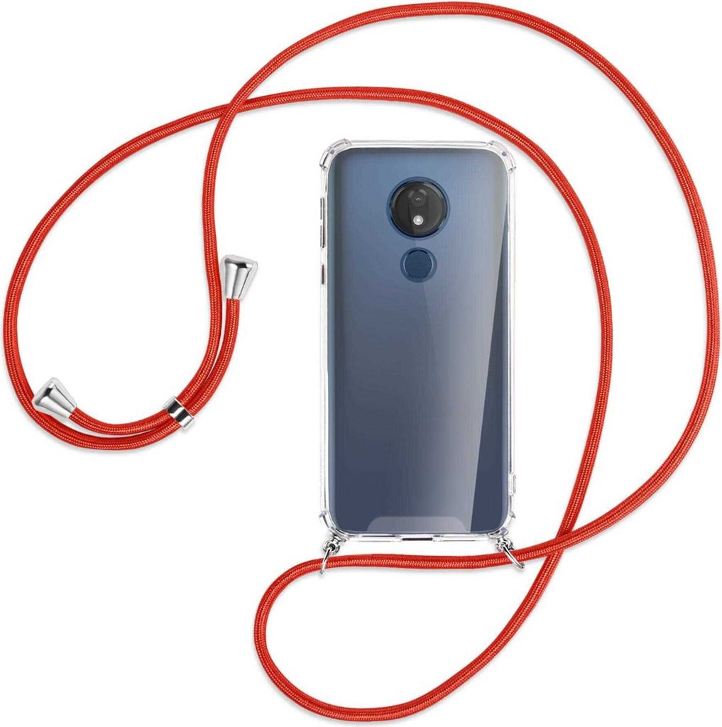Handykette Backcover-Schutzhülle mit Band (Metall silberfarben) für Motorola Moto G7 Power - rot