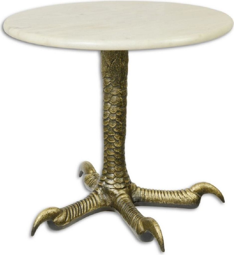 Casa Padrino Designer Gusseisen Beistelltisch mit Marmorplatte Antik Messingfarben / Weiß Ø 50 x H. 44,5 cm - Designer Wohnzimmermöbel