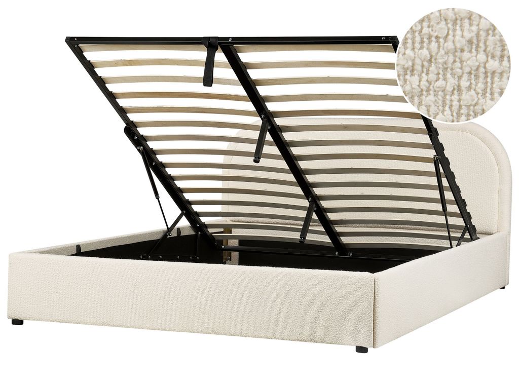 BELIANI Polsterbett Hellbeige Bouclé Bettrahmen mit Lattenrost 160x200 cm Bettkasten Hochklappbar Hohes Kopfteil Modern Schlafzimmer Doppelbett