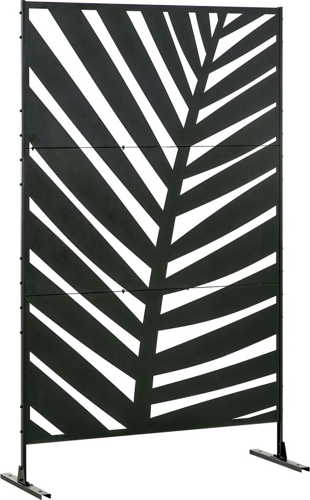 Outsunny Balkon Sichtschutz, Raumtrenner mit Bananenblattmuster, 122 x 198 cm Trennwand mit Ständer Raumteiler für Garten, Terrasse, Stahl, Schwarz