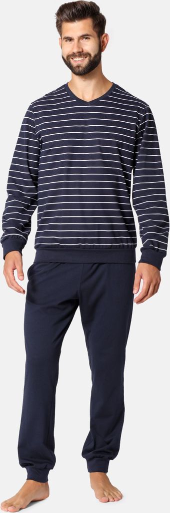 Ladeheid Herren Schlafanzug Zweiteiler Langarm Pyjama lang bunt aus Baumwolle LA40-220 (Marineblau Weiß, XL)