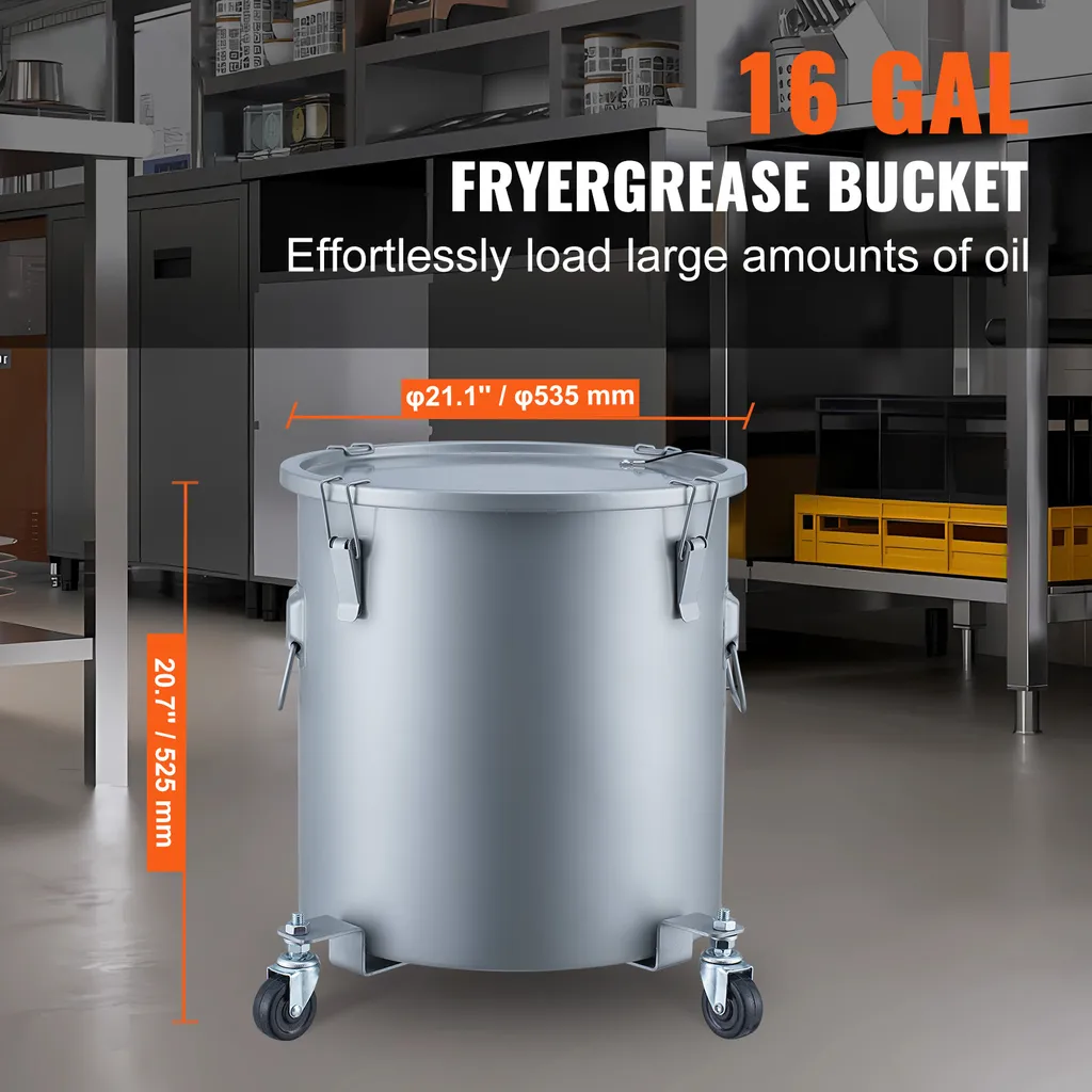 SucceBuy Secchio per grassi da 16 galloni per friggitrici, contenitore per lo smaltimento dell'olio con base a rulli, contenitore in acciaio inox al carbonio con coperchio, clip di tenuta, sacchetto filtrante per olio caldo - 2
