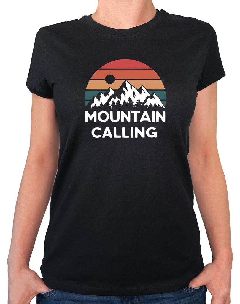 Huuraa Damen T-Shirt Mountain Calling Berge XS Black Bio Baumwolle Fairtrade Damenshirt Geschenkidee