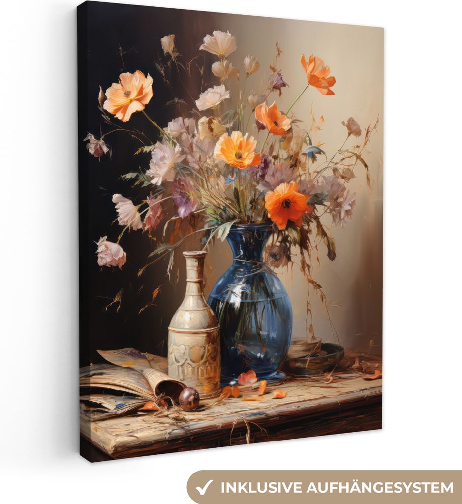 MuchoWow - Leinwandbilder - Blumenstrauß - Blumen - Ölfarbe - Stillleben - Pastell, Wandbild, Wanddeko Bilder Wohnzimmer, 60x80 cm