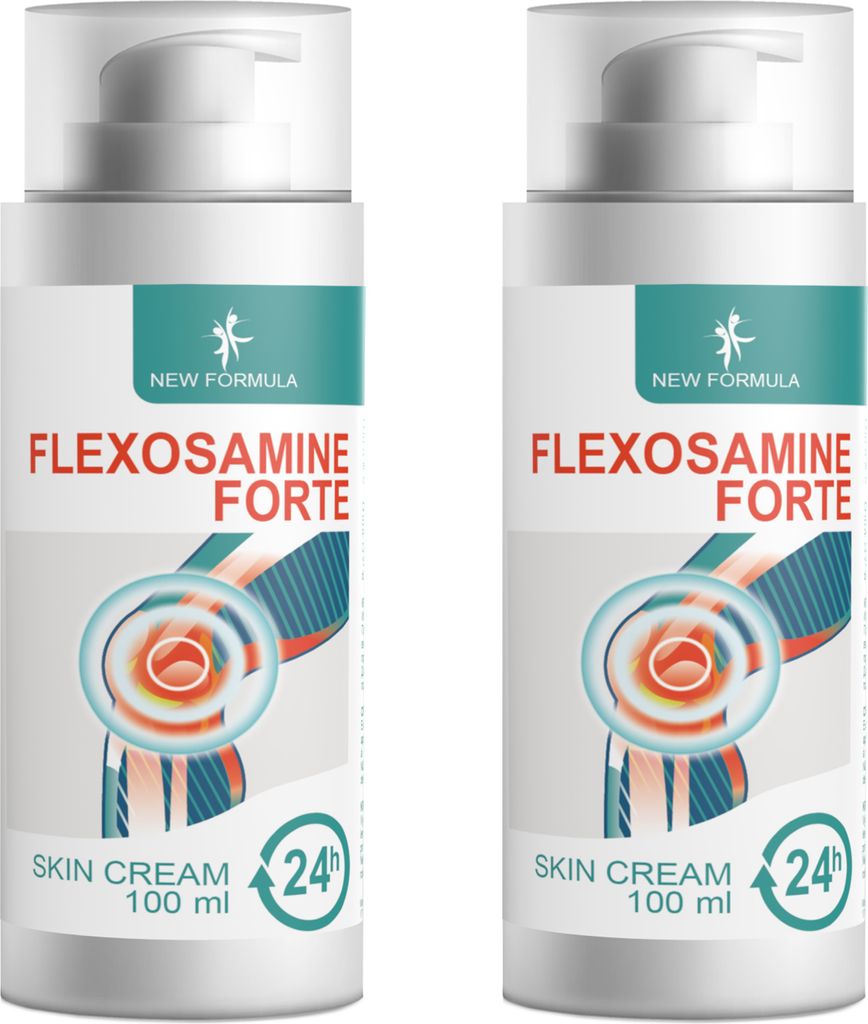 Two bottles of Flexosamine Forte skin cream are shown side-by-side against a white background.