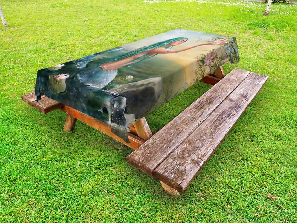 ABAKUHAUS Meerjungfrau Tischdecke Outdoor, Aqua Color Haar Meerjungfrau in Waterfront Berühren Magnolia Blumen, Sea Green Petrol Blau, 145x305cm