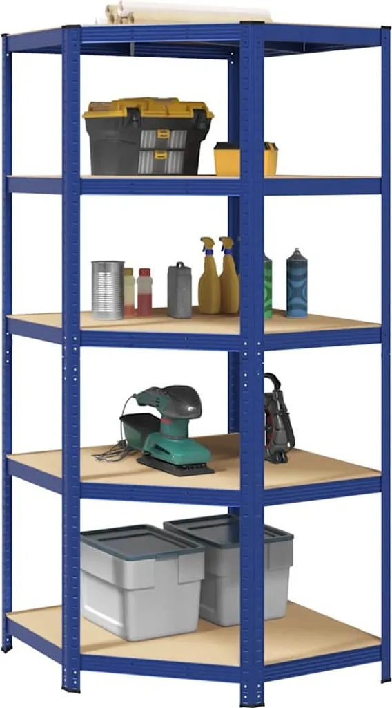 Étagère d'angle 5 tablettes bleu en acier et bois composite robuste