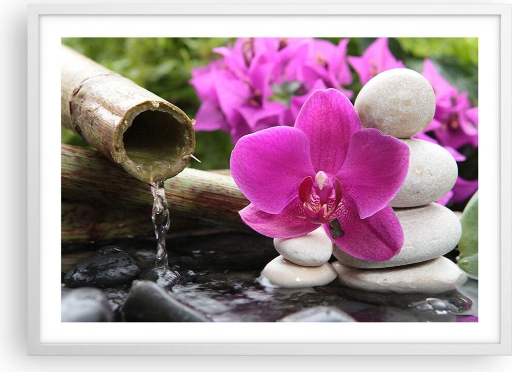 Gerahmtes Poster - Weißer Rahmen - Orchidee Bambus Dekoration Spa - 70x50 cm - Wand Bild - Wanddeko - Wandbilder - Wandposter - Bilderrahmen - Bil...