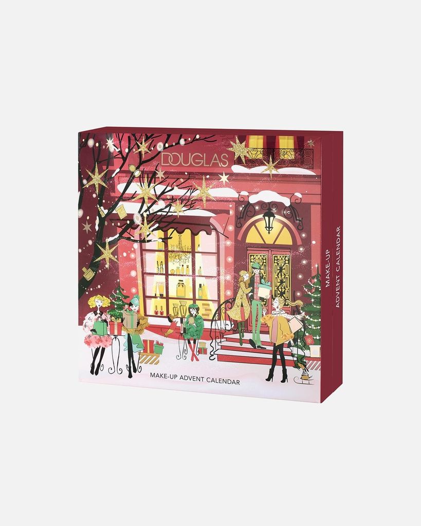 A festive Christmas-themed advent calendar box with illustrations of people and a storefront.