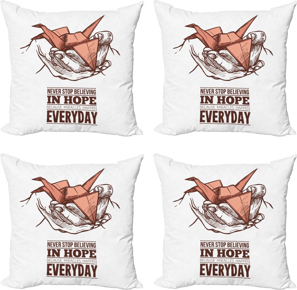 ABAKUHAUS Hoffen Kissenbezug Set (4 Stück), Sketch Hände und Kran, Moderner Doppelseitiger Digitaldruck, 60 cm x 60 cm, Pale Orange Braun Weiß