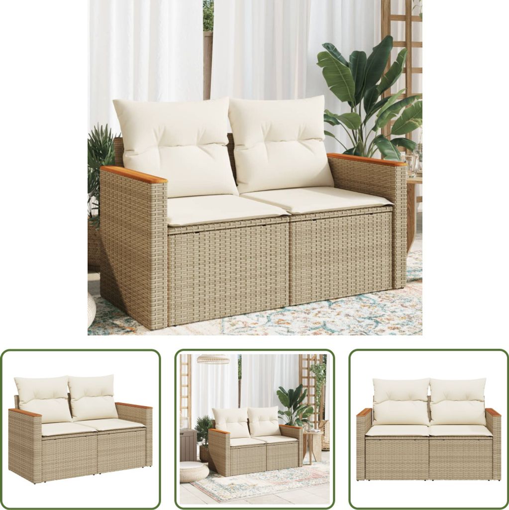 The Living Store Gartensofa mit Kissen 2-Sitzer Beige Poly Rattan