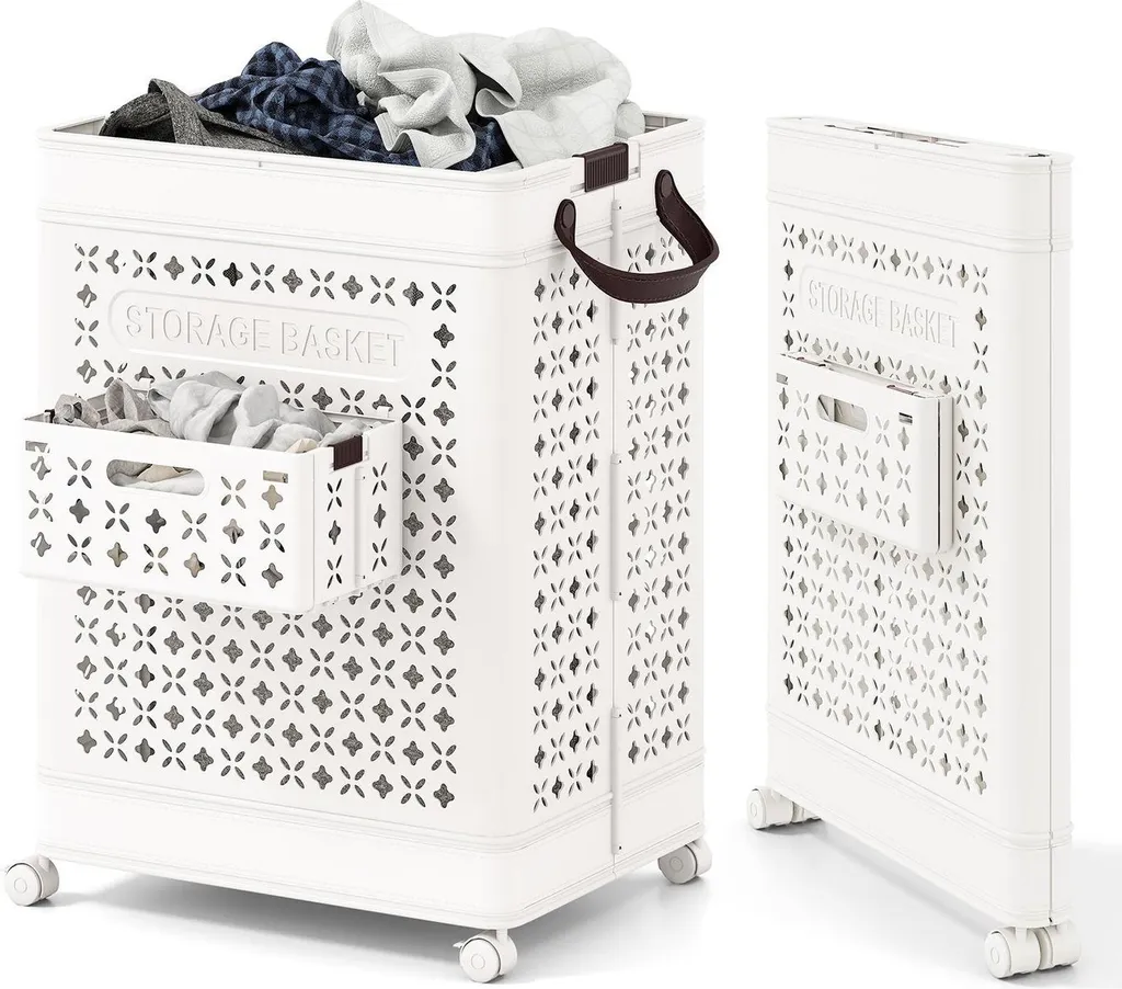 Panier à linge à roulettes 75 L blanc - Bac à linge mobile gain de place