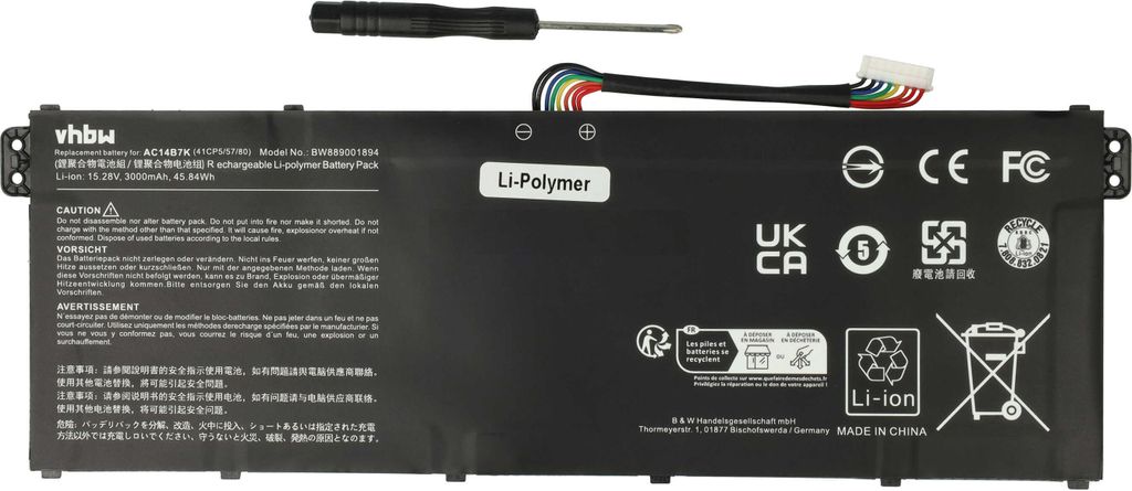 vhbw Akku kompatibel mit Acer Nitro 5 AN515-41, AN515-42 Notebook (3000 mAh, 15,28 V, Li-Polymer)