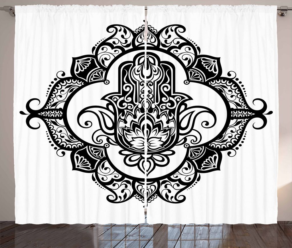 ABAKUHAUS Hamsa Rustikaler Vorhang, Kurvige Antik-Design, Wohnzimmer Universalband Gardinen mit Schlaufen und Haken, 280 x 175 cm, Weiß schwarz