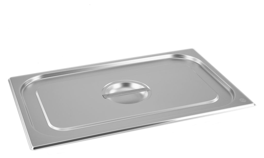 A stainless steel gastronorm lid with a handle, placed on a white background.