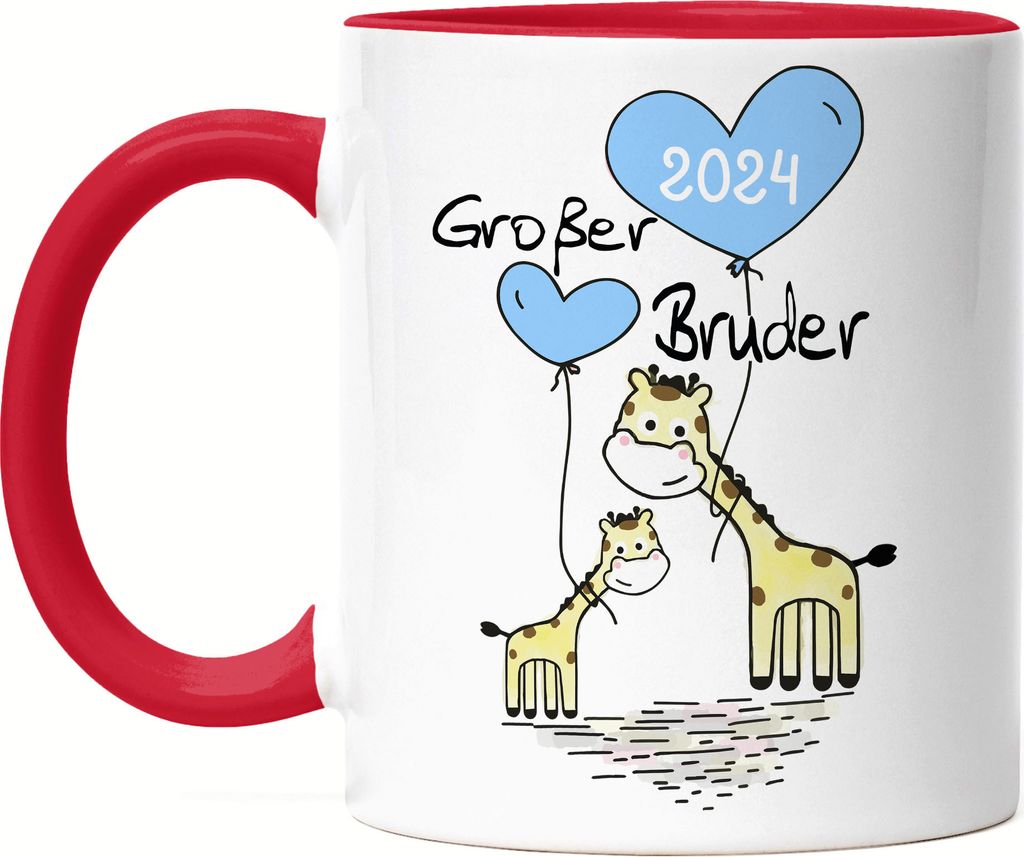 Großer Bruder 2024 Tasse Rot Ankündigung Schwangerschaft Brüder Kinder Babynews Giraffen Motiv