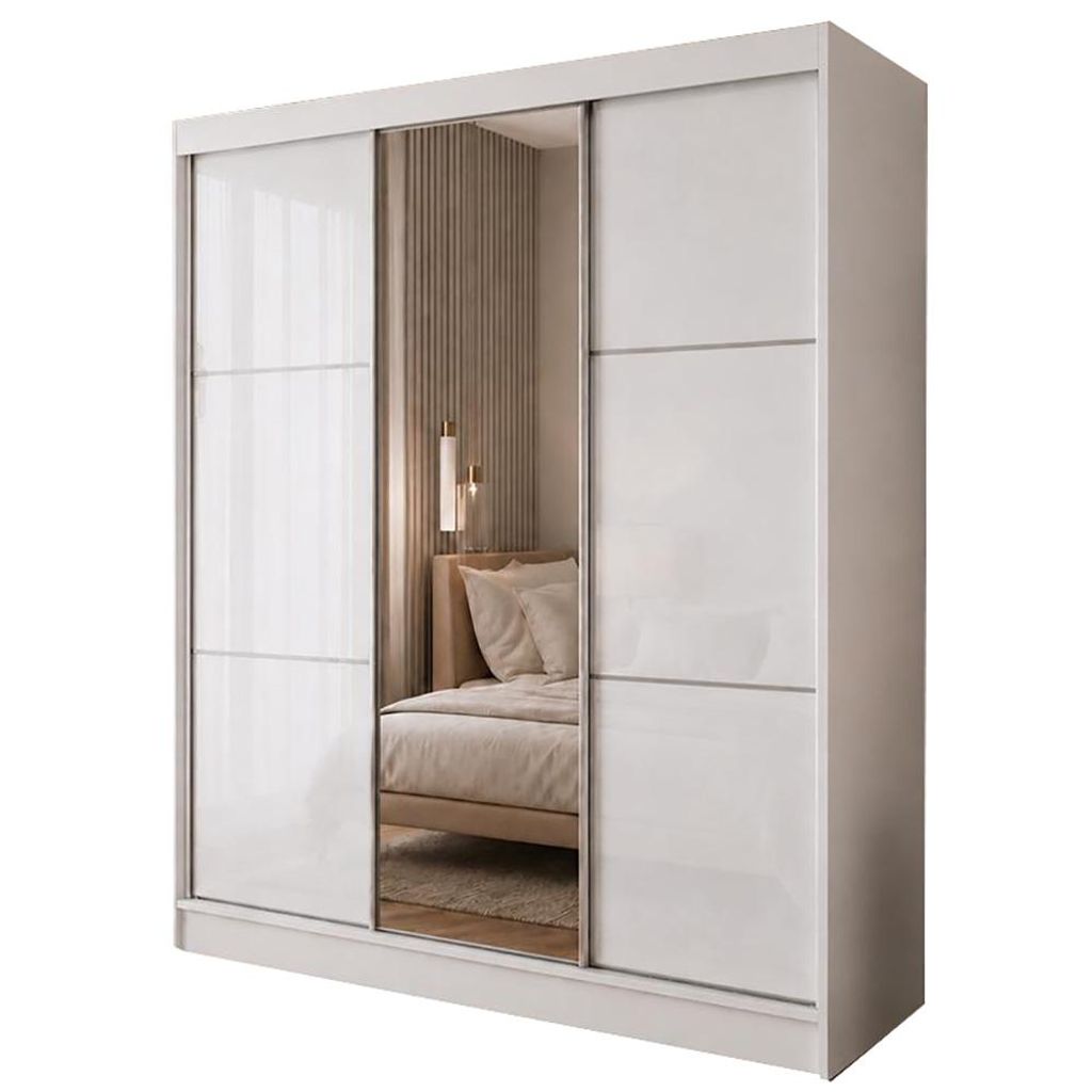 BEAUTYSOFA | Schwebetürenschrank VIVA 180 cm Kleiderschrank Weiß mit Spiegel, Schiebetürenschrank Schlafzimmer